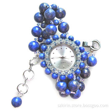 Delicate Lapis Lazuli and Crystal Watch with Japan Quartz Movement and Stainless Steel Buckle